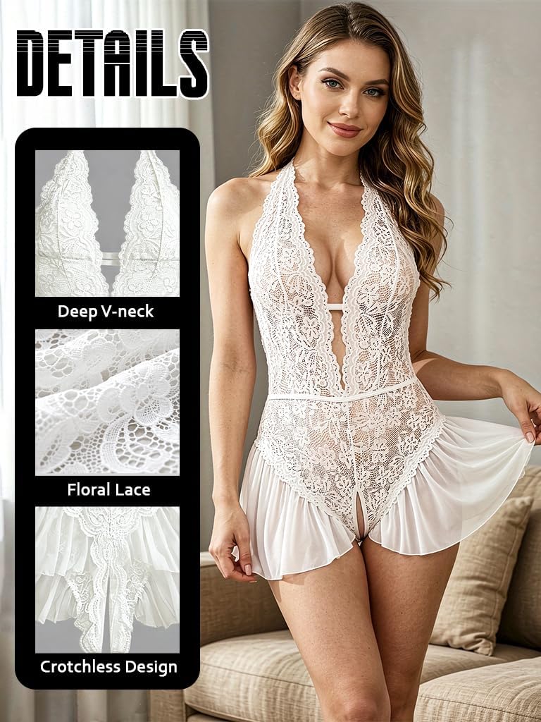 White Floral Lace Teddy Bodysuit