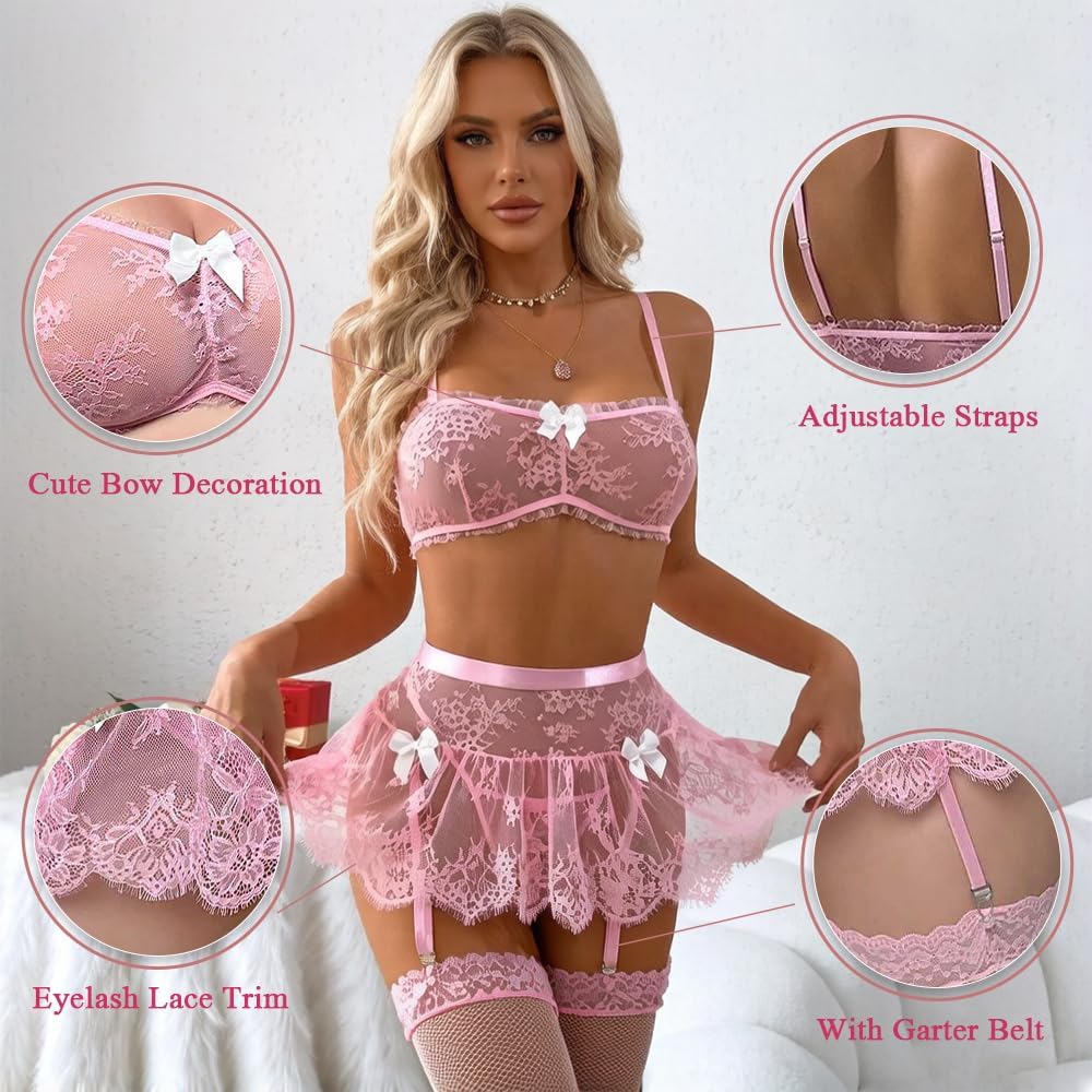 Pink Lace Garter Lingerie Set detail