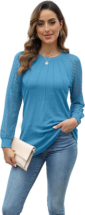 Womens Tops Ladies Tops Lace Long Sleeve Crew Neck Pleated Shirt Long Sleeve Tops Women