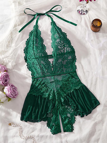 Dark Green Floral Lace Teddy Bodysuit detail