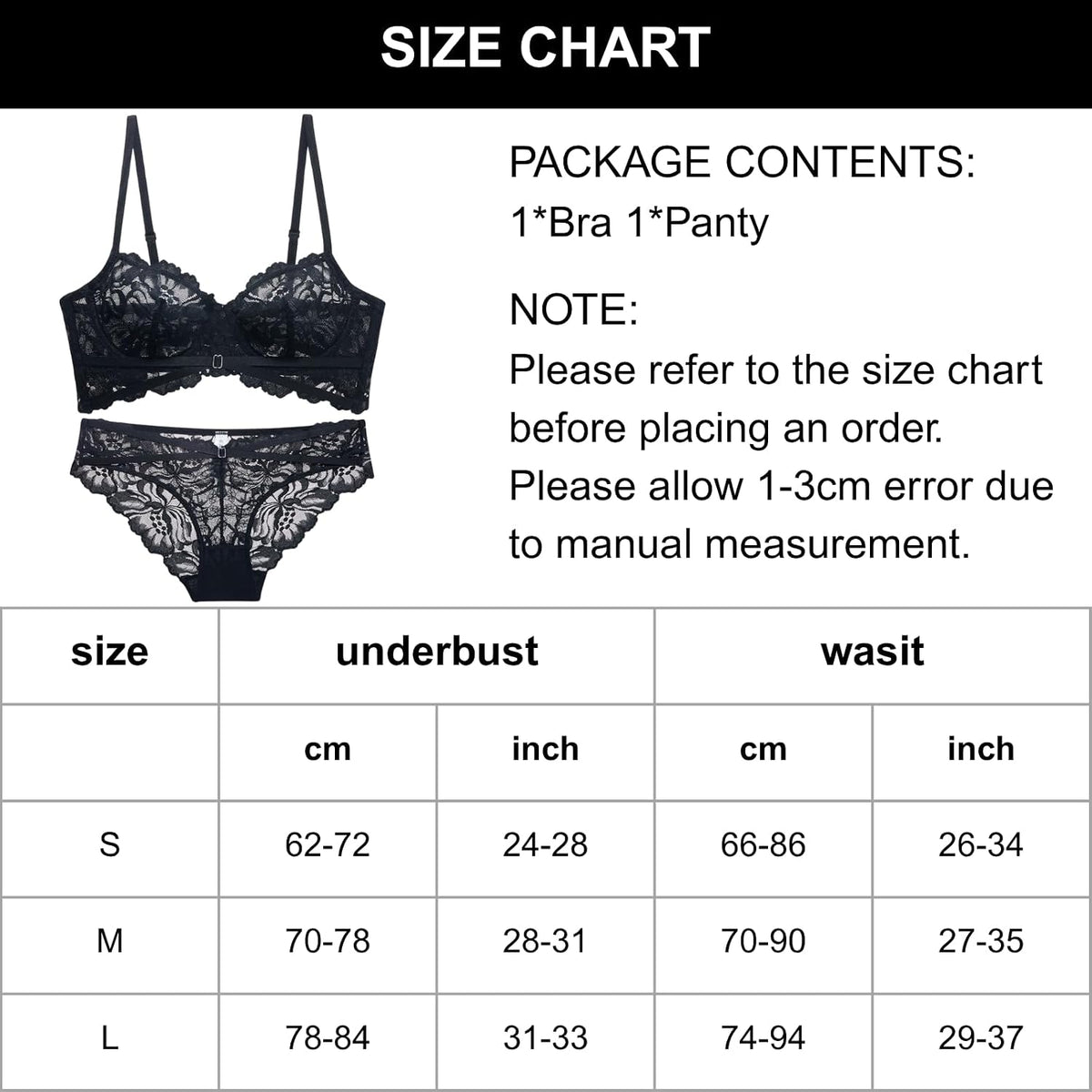 Lace Bra & Knickers Set size chart