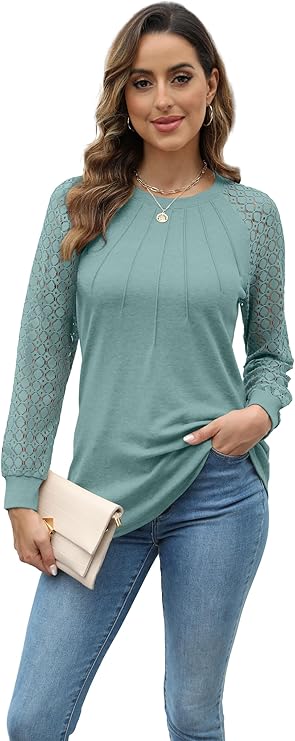 Womens Tops Ladies Tops Lace Long Sleeve Crew Neck Pleated Shirt Long Sleeve Tops Women