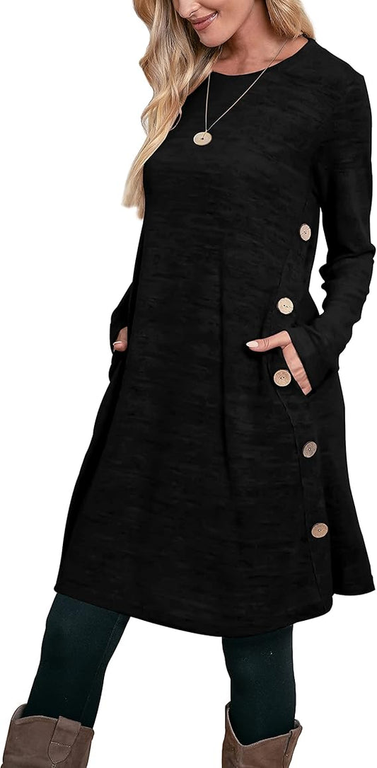 Jumper Dress for Women Long Sleeve Dress Ladies Button Tunic Dress with Pockets