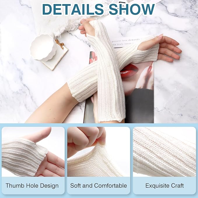 2 Pairs Long Arm Warmers & Sleeves, Fashion Arm Warmers with Thumb Hole for Women, Men