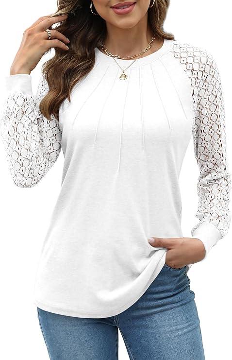 Womens Tops Ladies Tops Lace Long Sleeve Crew Neck Pleated Shirt Long Sleeve Tops Women