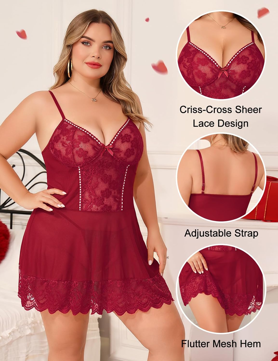 Burgundy Plus Size Lace Babydoll detail