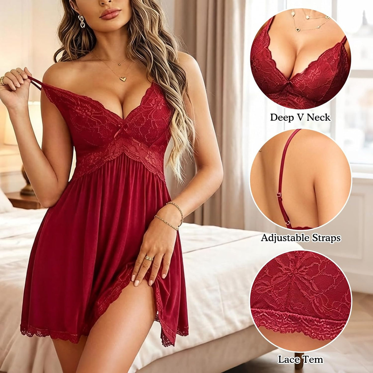 Red Lace Babydoll Chemise & Thong Set detail