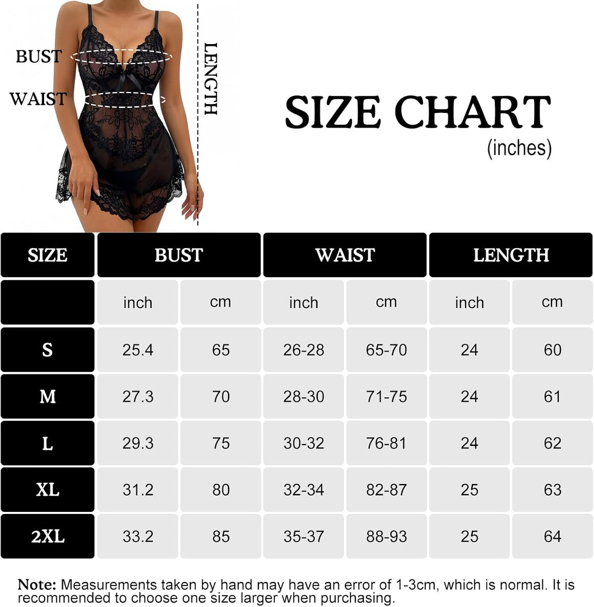Lace Babydoll Chemise size chart