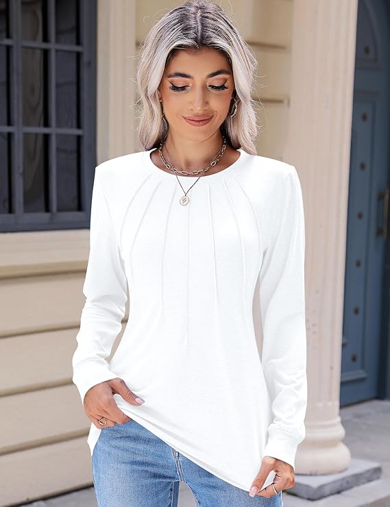 Women's Casual Long Sleeve T-Shirts Crew Neck Pleated Tops Fashion Dressy Tunic Blouses