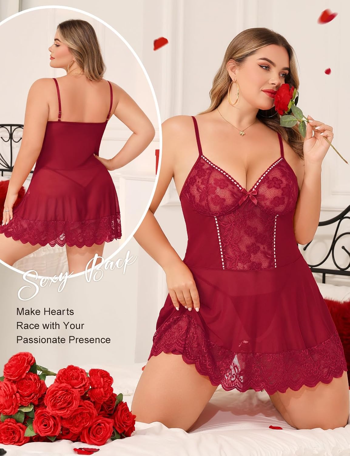 Burgundy Plus Size Lace Babydoll detail