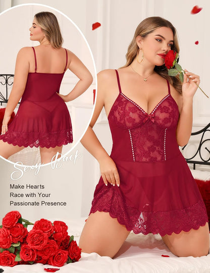 Burgundy Plus Size Lace Babydoll detail