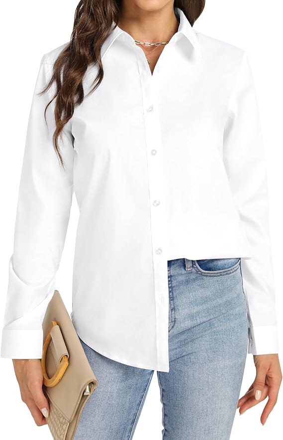 Women's Long Sleeve Dress Shirt Stretch Solid Regular Fit Button Down Shirt Wrinkle-Free Work Office Business Casual Ladies Blouse