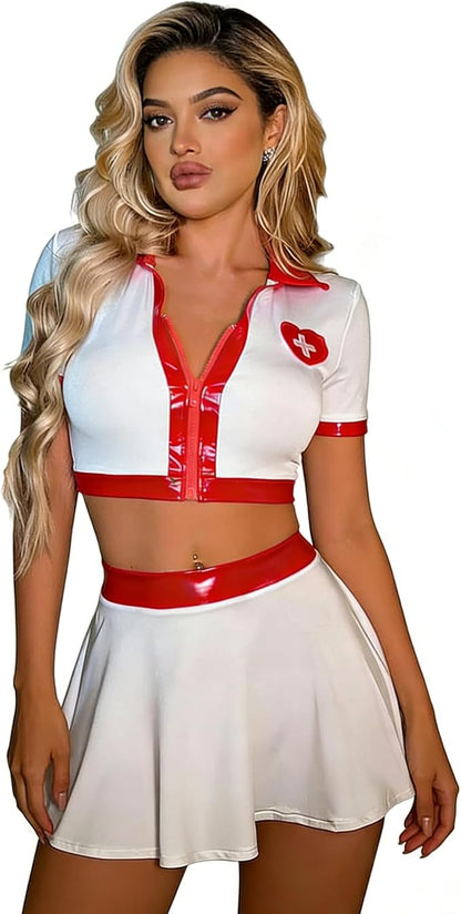 White Nurse Costume - Style D, crop top and skirt