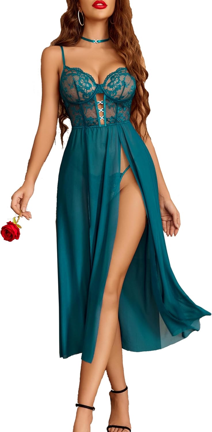 Dark Blue Lace Long Chemise Babydoll