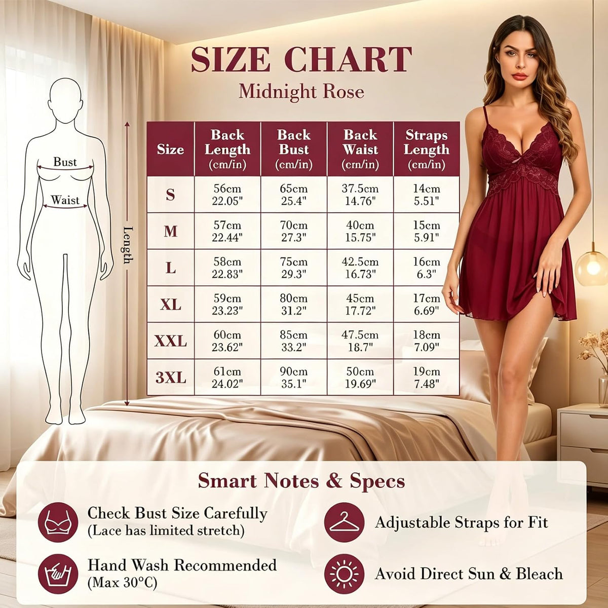 Red Lace Babydoll Chemise & Thong Set size chart