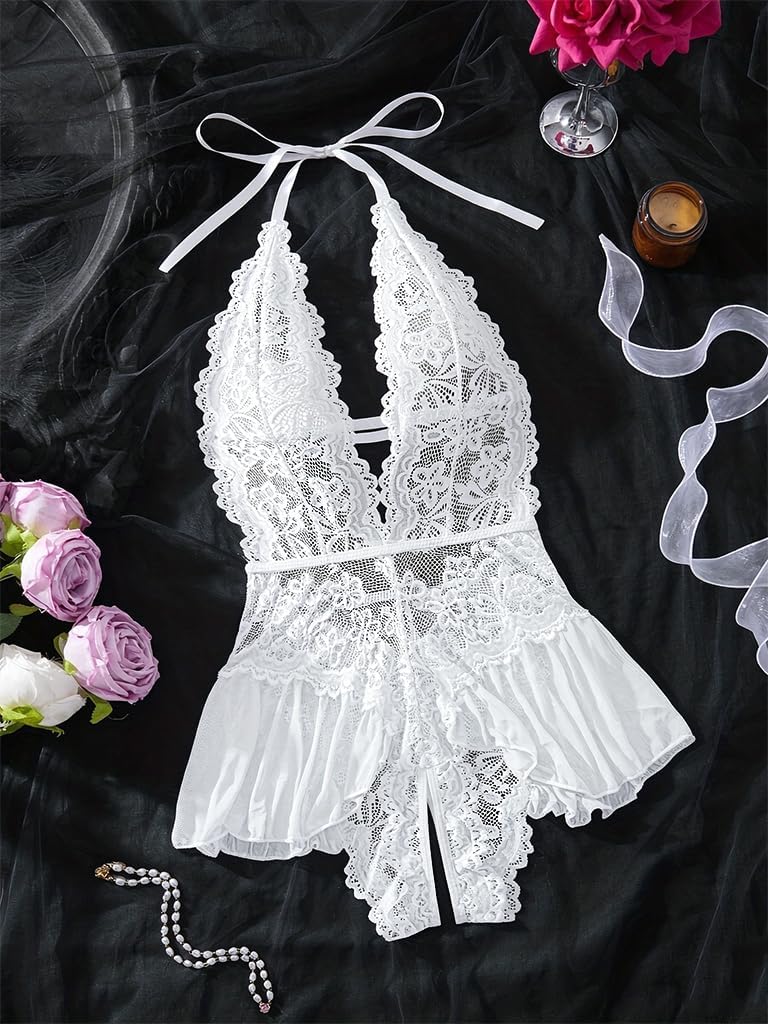 White Floral Lace Teddy Bodysuit detail