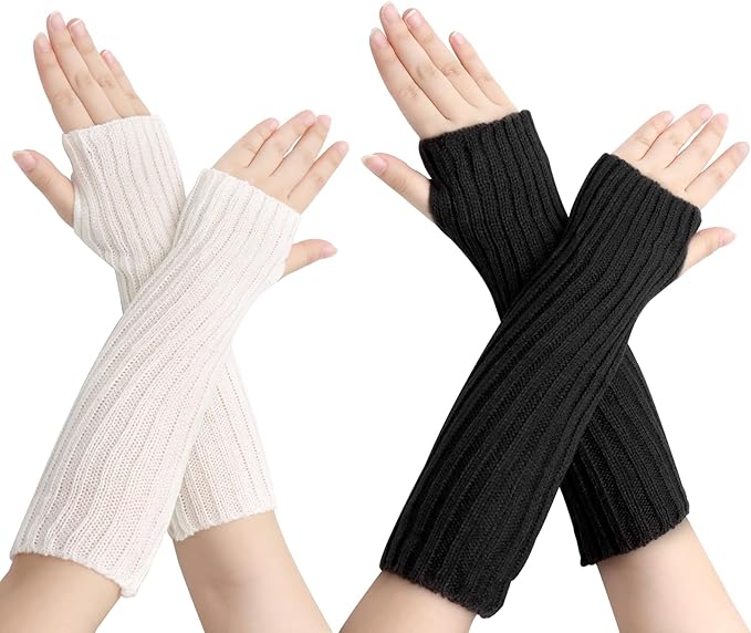 2 Pairs Long Arm Warmers & Sleeves, Fashion Arm Warmers with Thumb Hole for Women, Men
