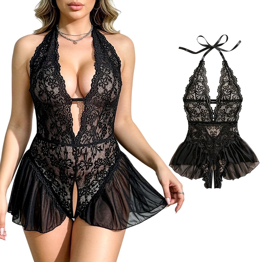 Black Floral Lace Teddy Bodysuit
