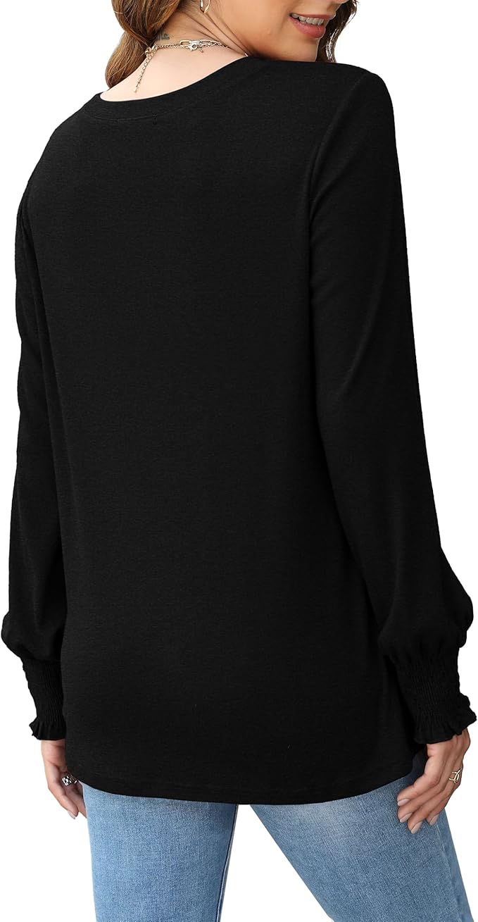 Ladies Jumpers Long Sleeve Tops Womens-Crew Neck Sweatshirt Pleated Tunic Shirt Womens Tops