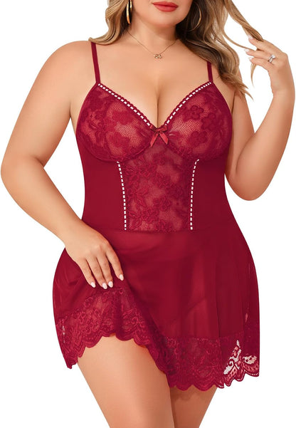 Burgundy Plus Size Lace Babydoll