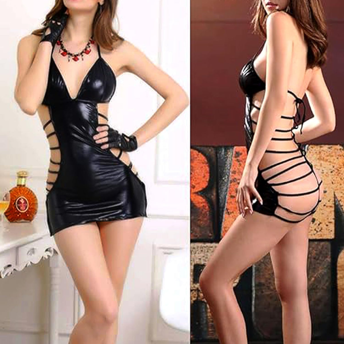 Black PU Leather Mini Dress detail