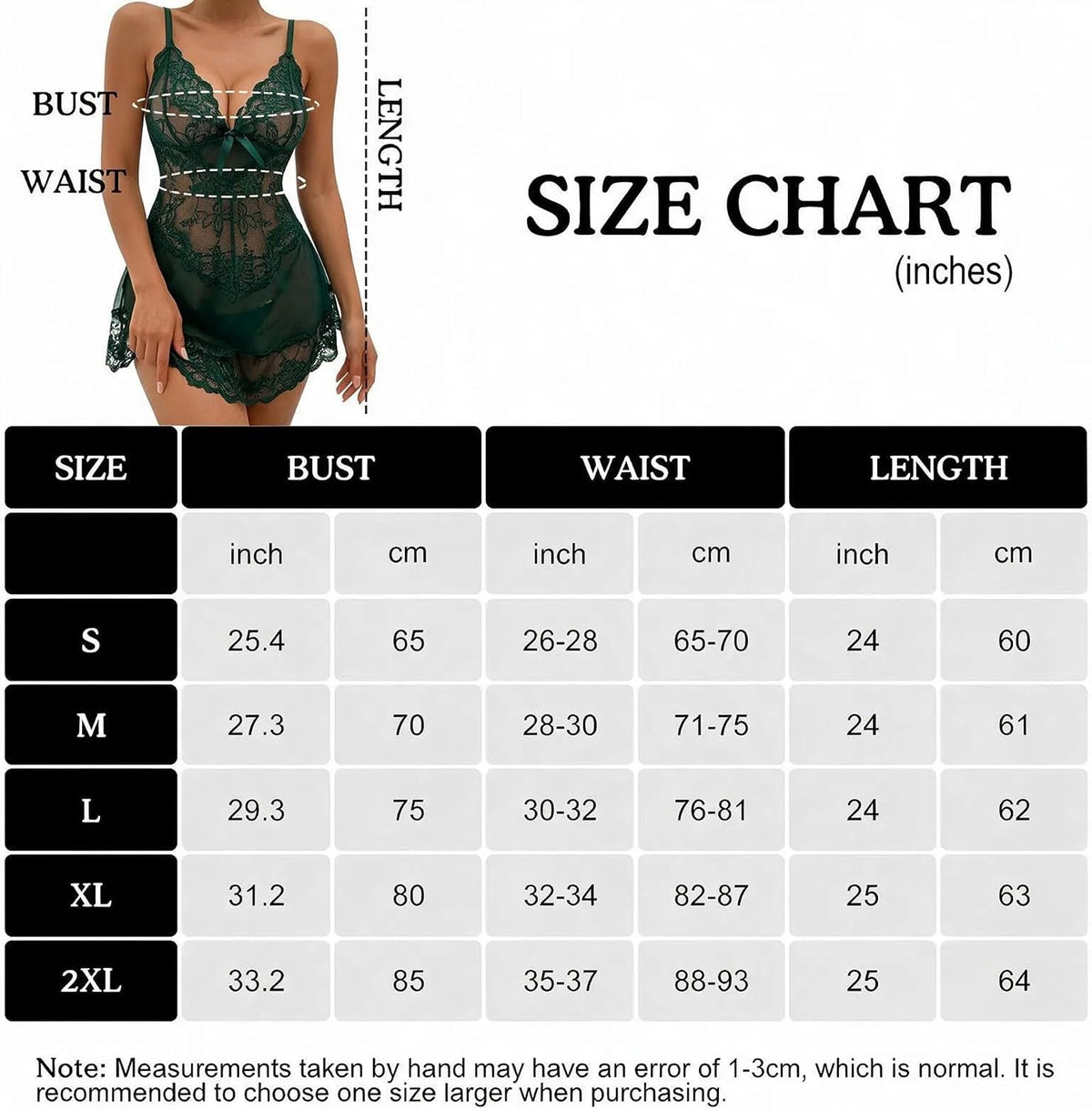 Lace Babydoll Chemise size chart
