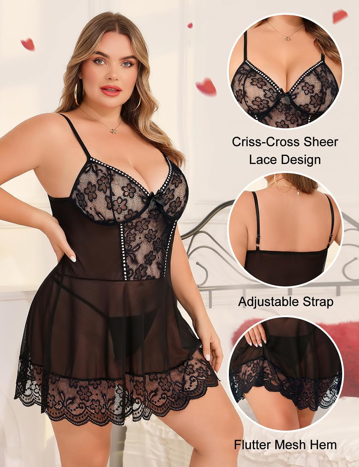 Black Plus Size Lace Babydoll detail