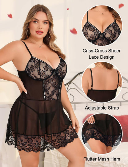 Black Plus Size Lace Babydoll detail