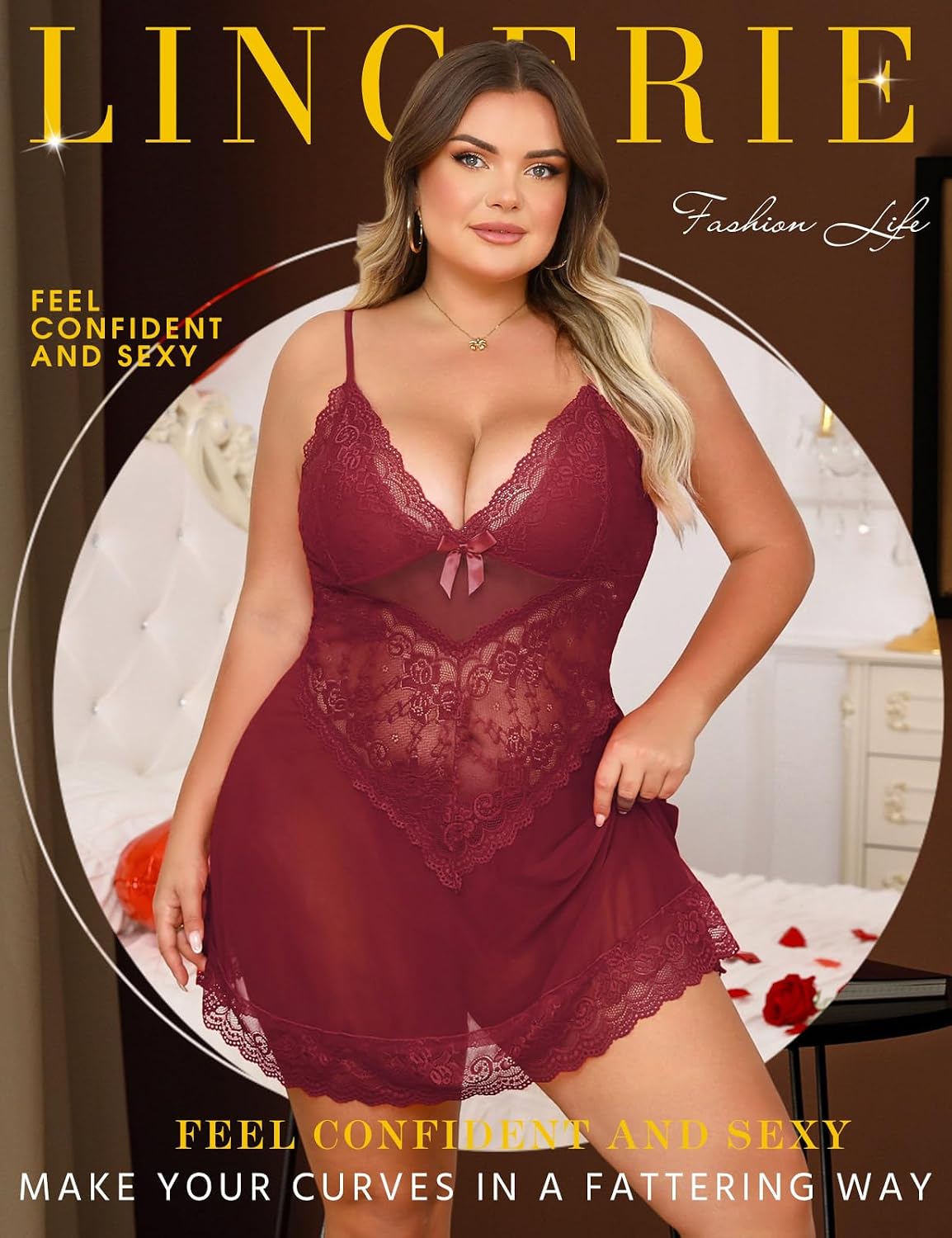 Burgundy Plus Size Lace Babydoll detail