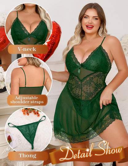 Green Plus Size Lace Babydoll detail
