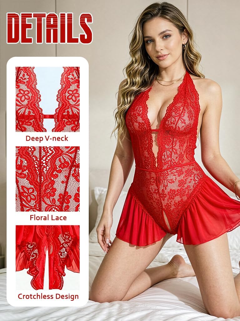 Red Floral Lace Teddy Bodysuit detail