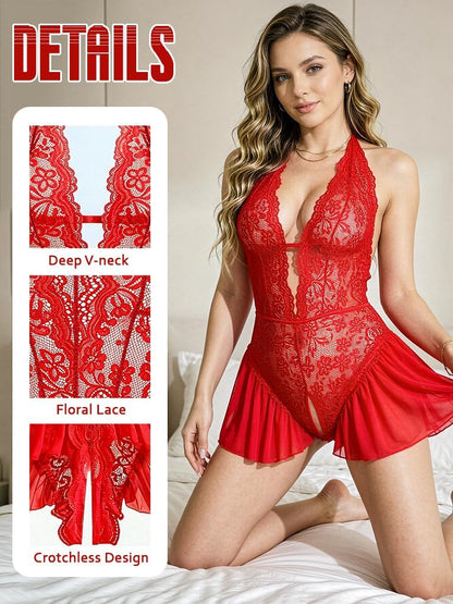 Red Floral Lace Teddy Bodysuit detail