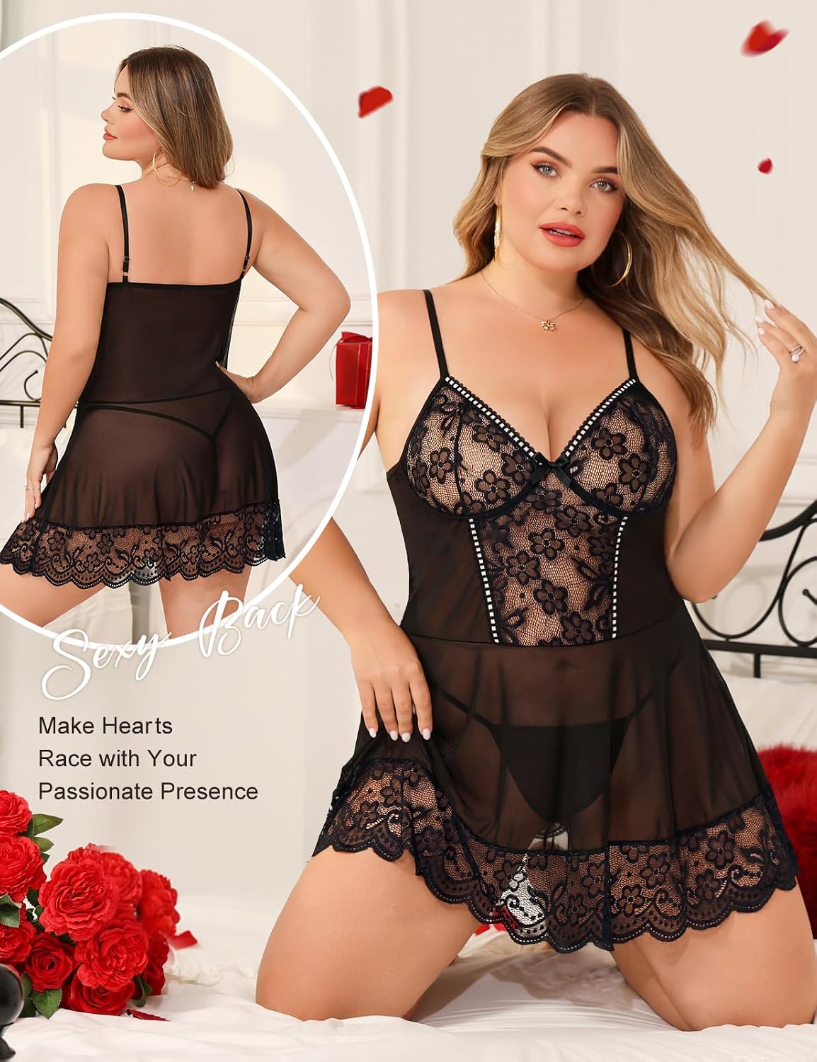 Black Plus Size Lace Babydoll detail