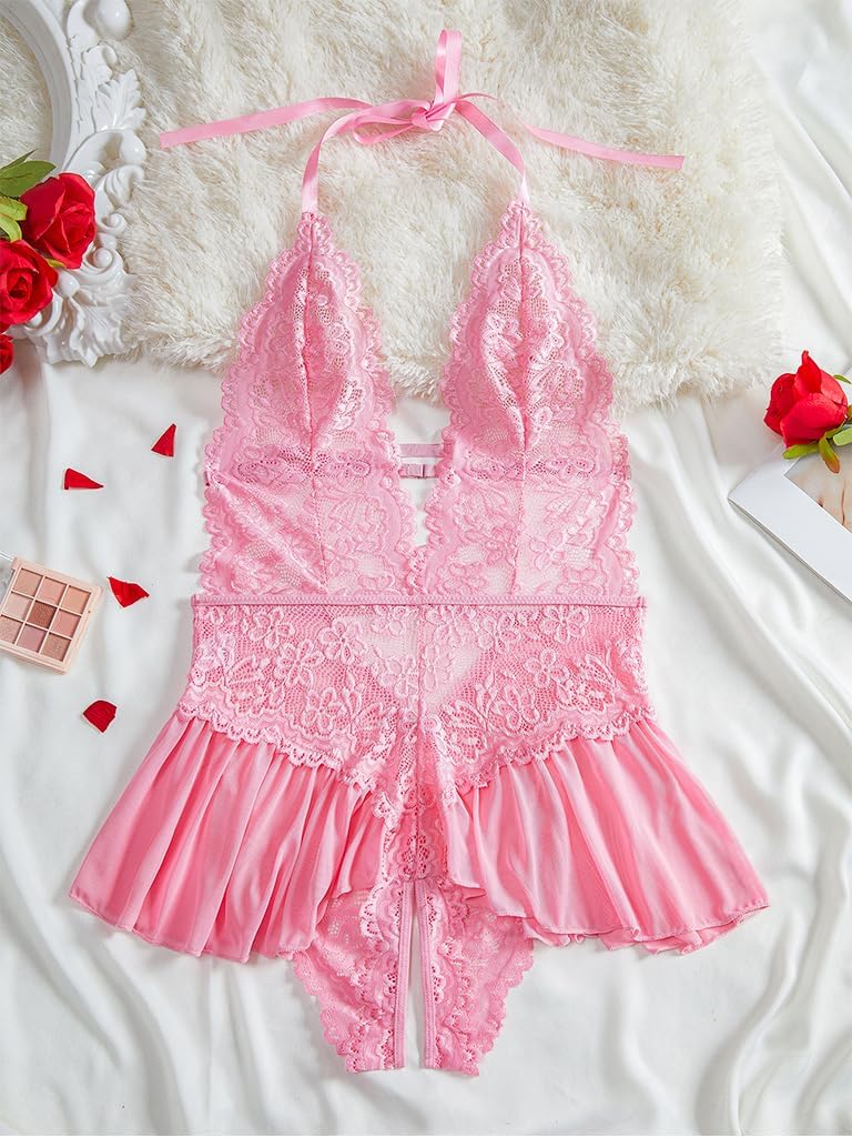 Pink Floral Lace Teddy Bodysuit detail