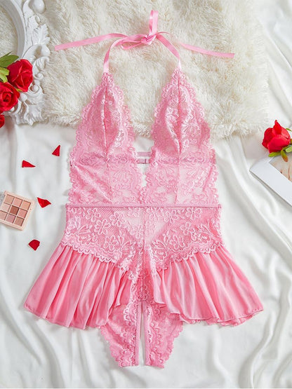 Pink Floral Lace Teddy Bodysuit detail