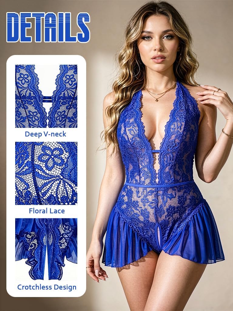 Royal Blue Floral Lace Teddy Bodysuit detail