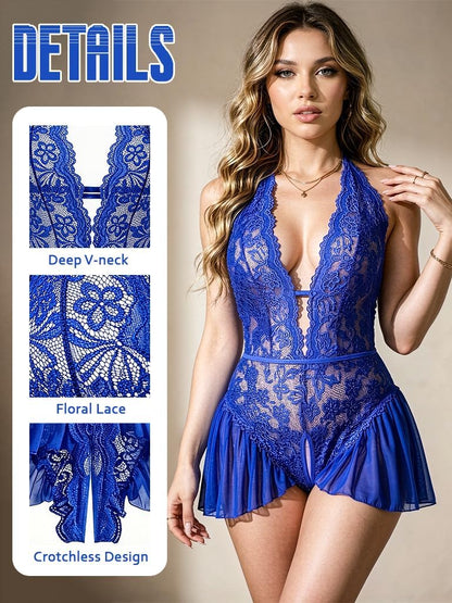 Royal Blue Floral Lace Teddy Bodysuit detail