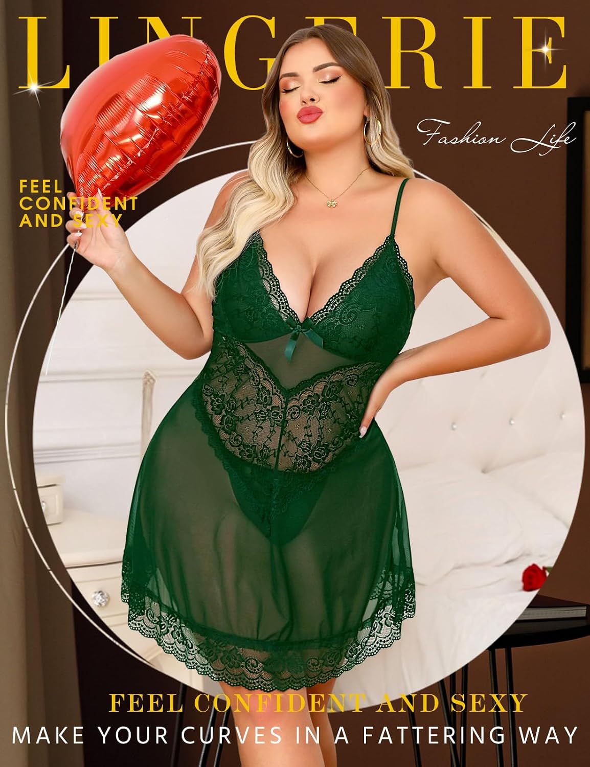 Green Plus Size Lace Babydoll detail