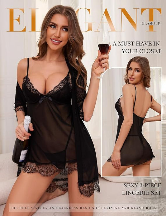 Laven & Ivory Sexy Lingerie for Women Sets Nightwear with G-String Robe Lace Babydoll Mesh Chemise Nightdress Sleepwear V Neck Dress Bridal Lingerie