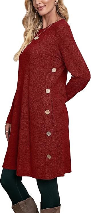 Jumper Dress for Women Long Sleeve Dress Ladies Button Tunic Dress with Pockets