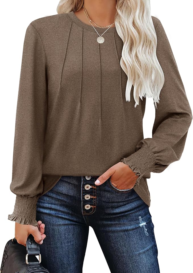 Ladies Jumpers Long Sleeve Tops Womens-Crew Neck Sweatshirt Pleated Tunic Shirt Womens Tops