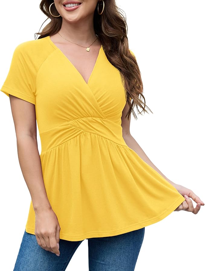 Womens V Neck Baby Doll Peplum Tops Short Sleeve Tunic Blouse Casual Wear for Going Out Sizes S-2XL