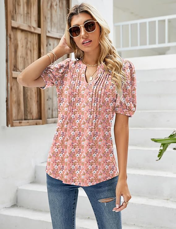 Womens V Neck Tops Puff Short Sleeve T-Shirt Pleated Floral Printed Tunic Blouse Shirts