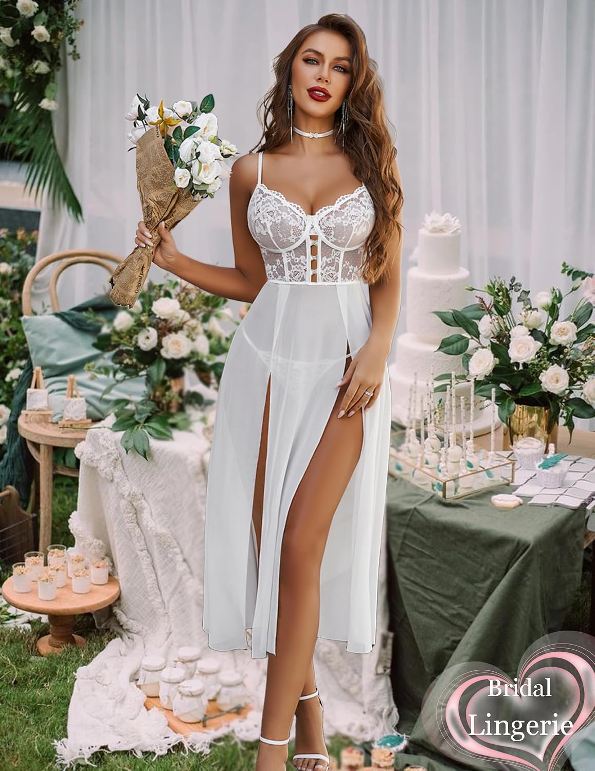 White Lace Long Chemise Babydoll detail