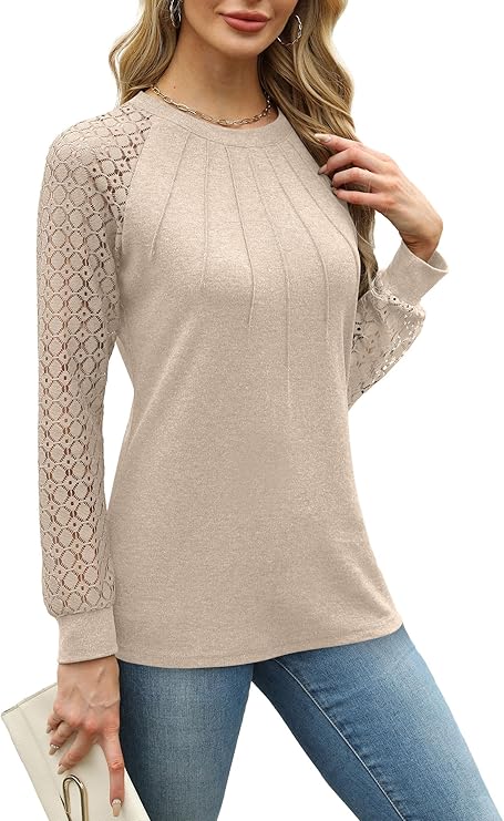 Womens Tops Ladies Tops Lace Long Sleeve Crew Neck Pleated Shirt Long Sleeve Tops Women