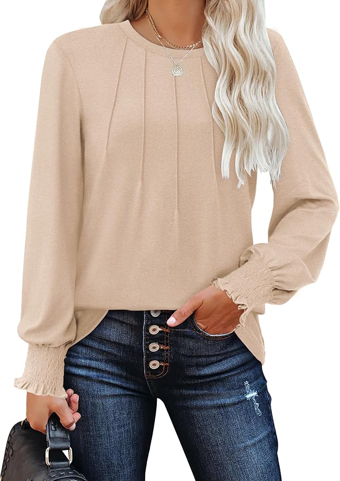 Ladies Jumpers Long Sleeve Tops Womens-Crew Neck Sweatshirt Pleated Tunic Shirt Womens Tops