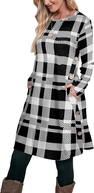 Jumper Dress for Women Long Sleeve Dress Ladies Button Tunic Dress with Pockets