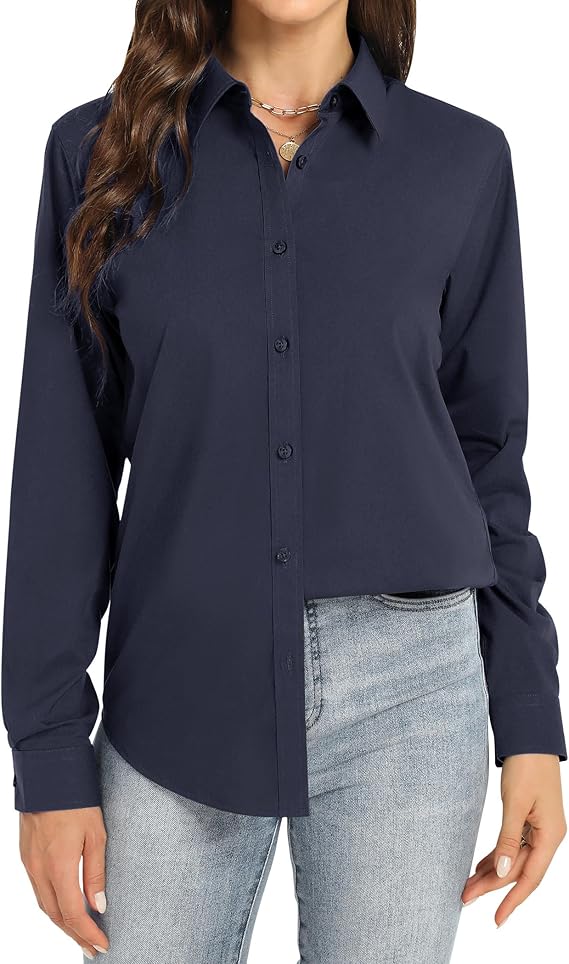 Women's Long Sleeve Dress Shirt Stretch Solid Regular Fit Button Down Shirt Wrinkle-Free Work Office Business Casual Ladies Blouse