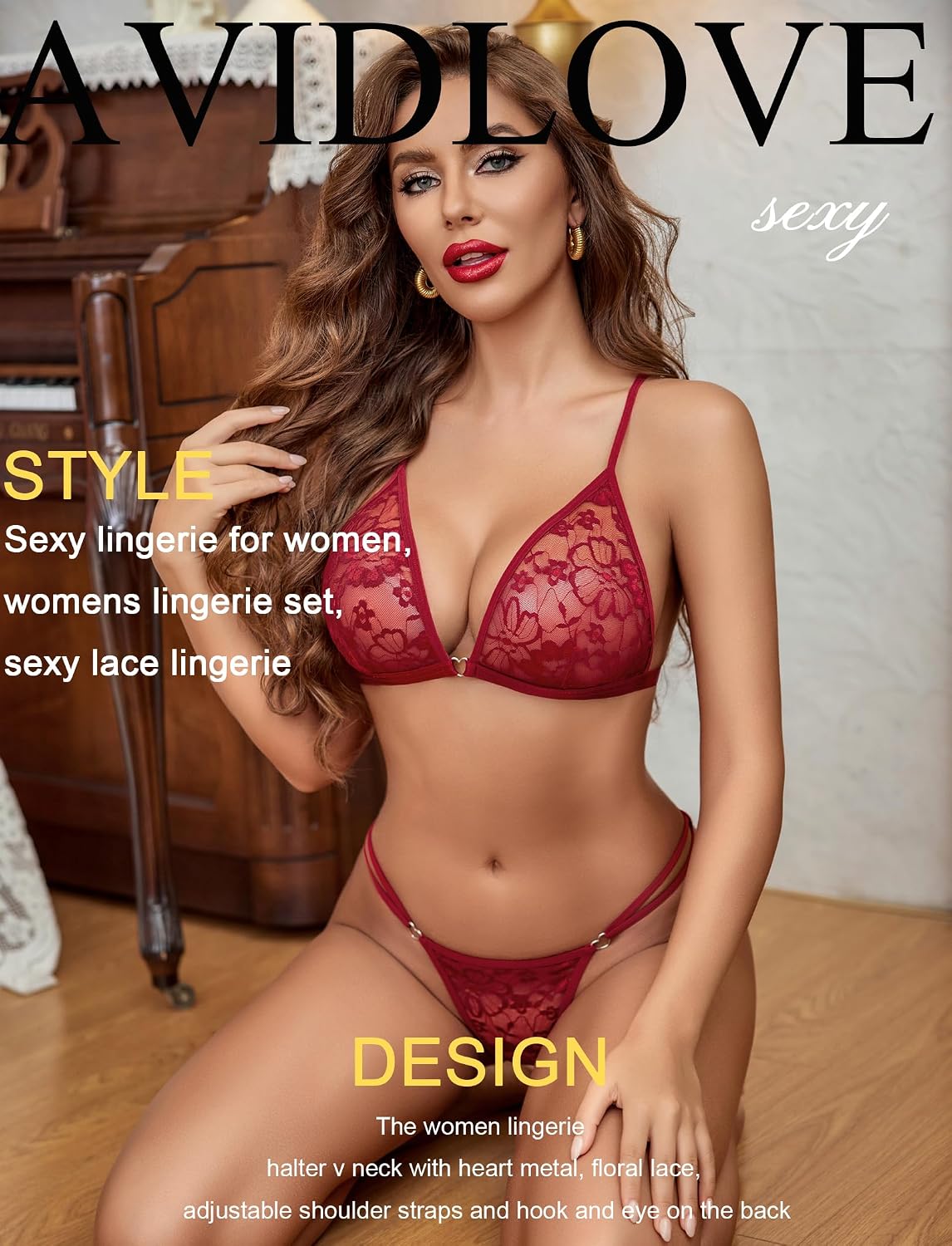 Wine Red Lace Bra & Thong Set detail