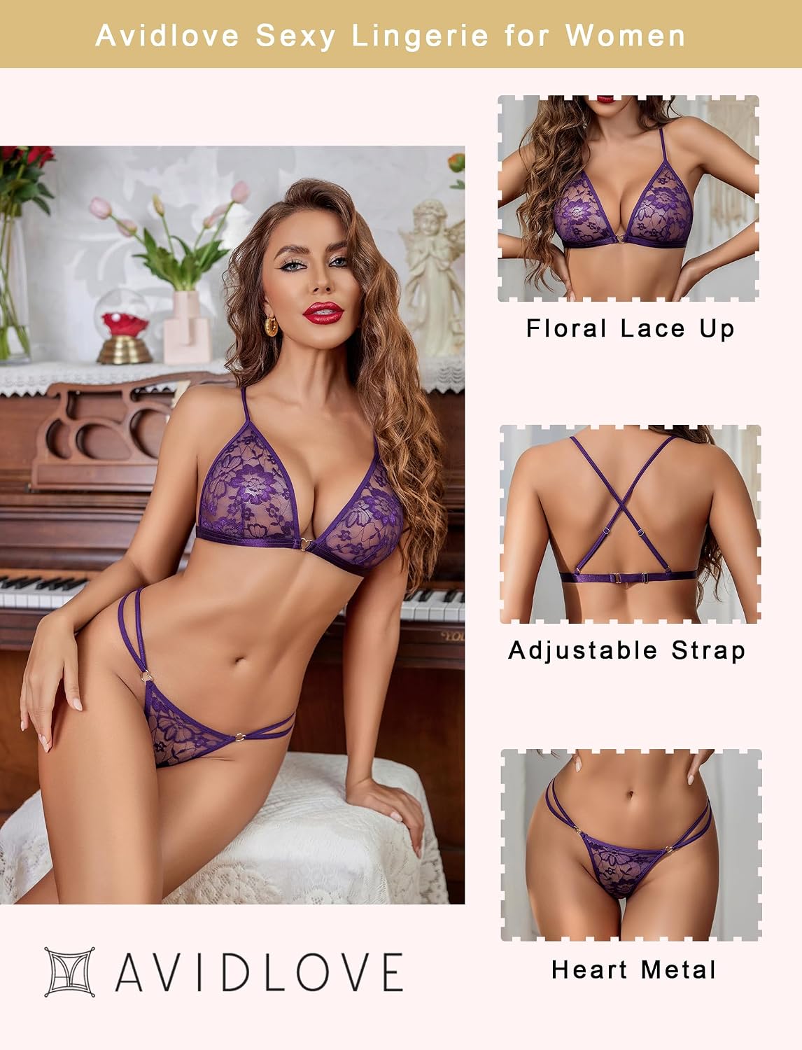 Purple Lace Bra & Thong Set detail